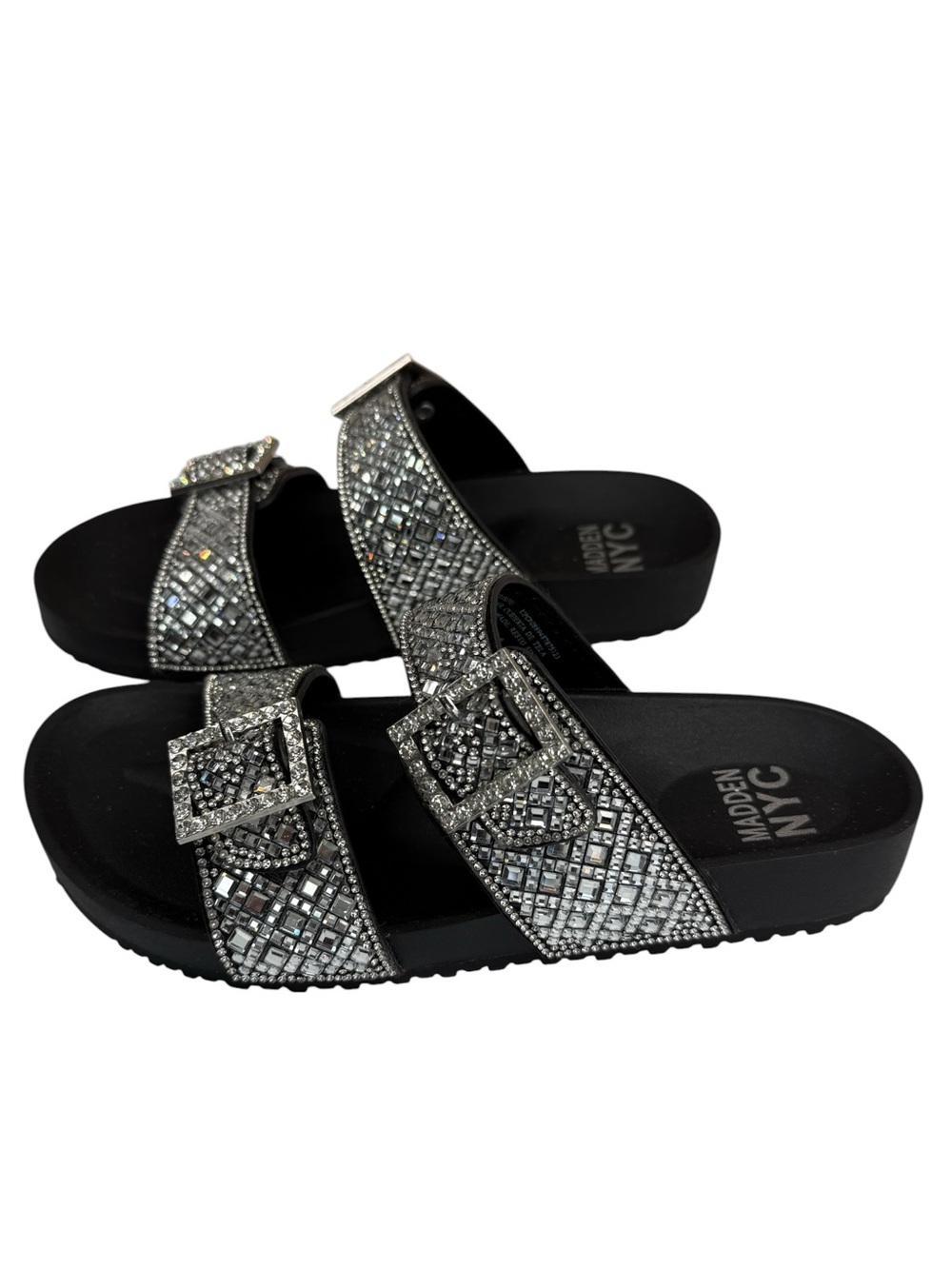 Madden NYC Rhinestone Double Buckle Slide Sandals Black Silver Women’s 6 - Picture 4 of 12